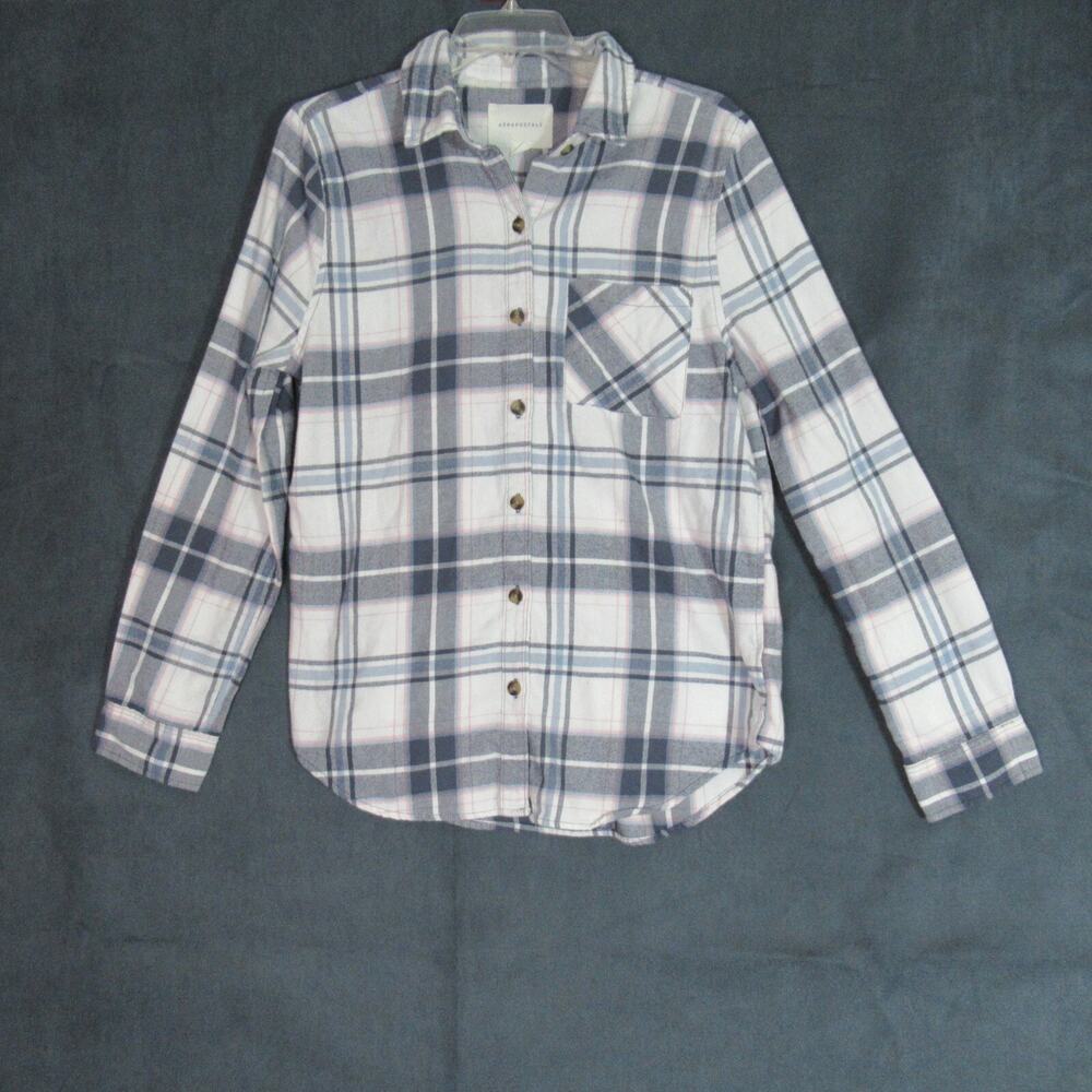 Aeropostale Top Womens M Blue White Plaid Flannel Soft Cabincore Button Shirt